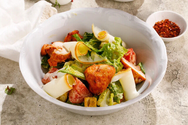 Warm salad with chicken and smoked Suluguni cheese
