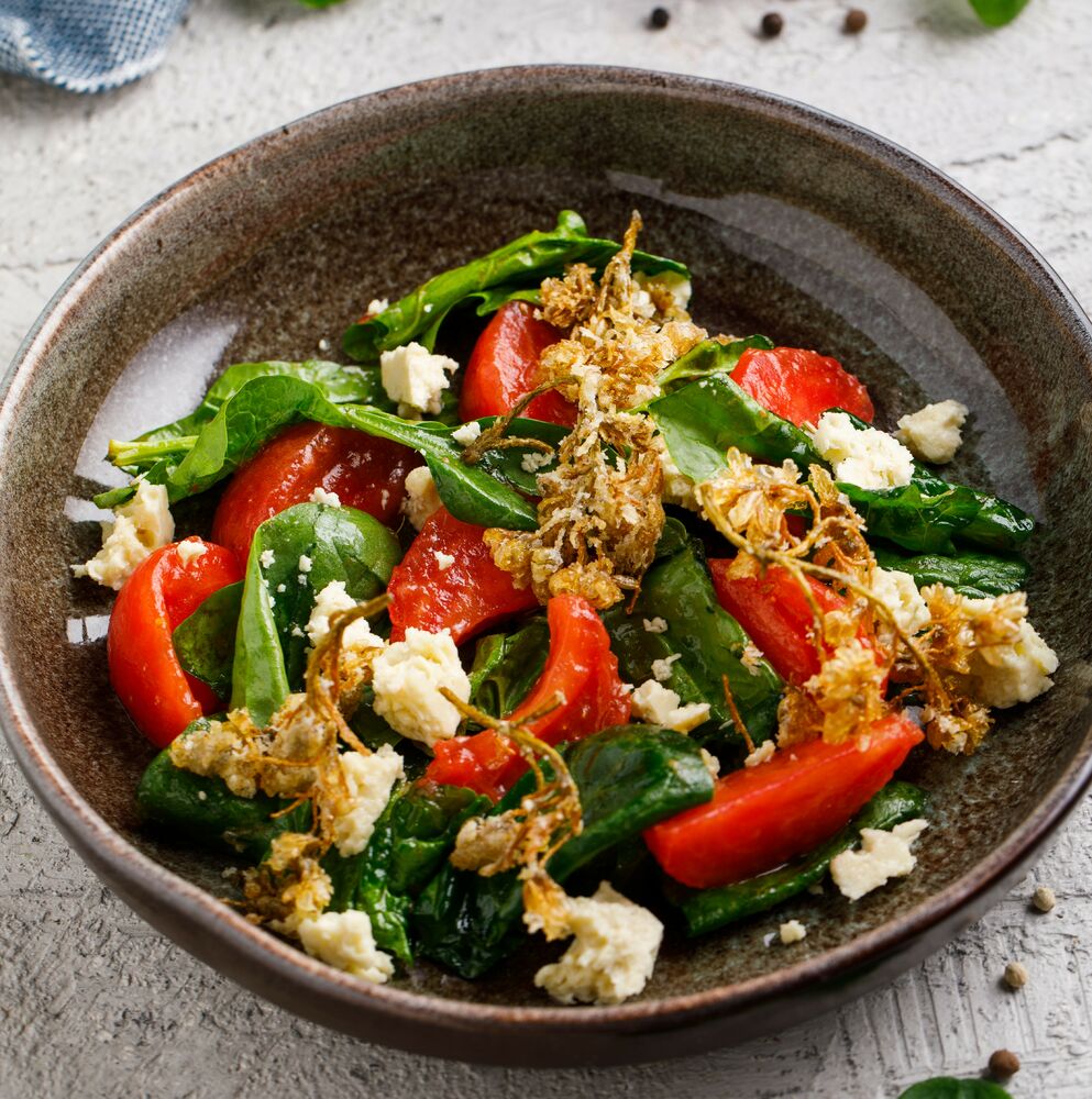 Salad with tomatoes, grilled jonjoli and Hood's sheep cheese.