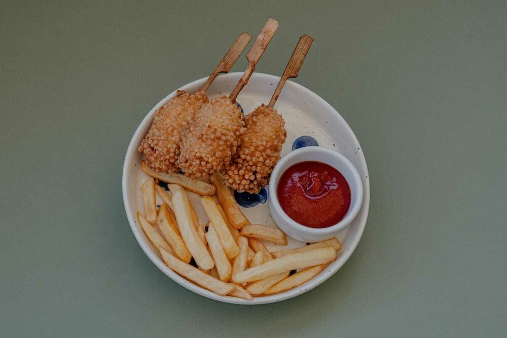 Corn Dog in Rice Balls with Fries