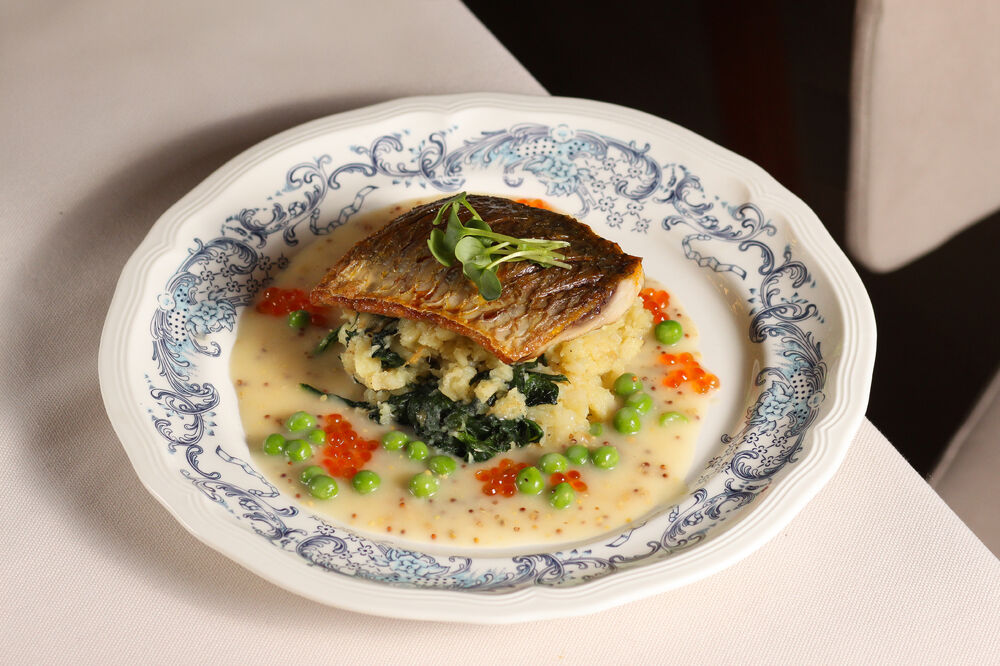 Mullet with mashed potatoes and mustard sauce