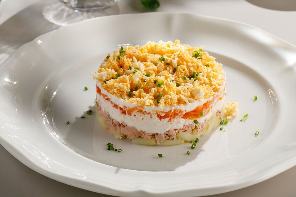 Salad "Mimosa" with smoked sockeye salmon