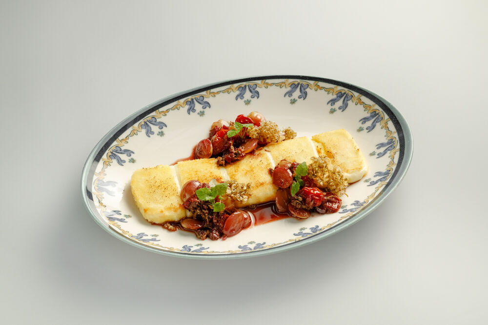 Fried suluguni with spicy grapes