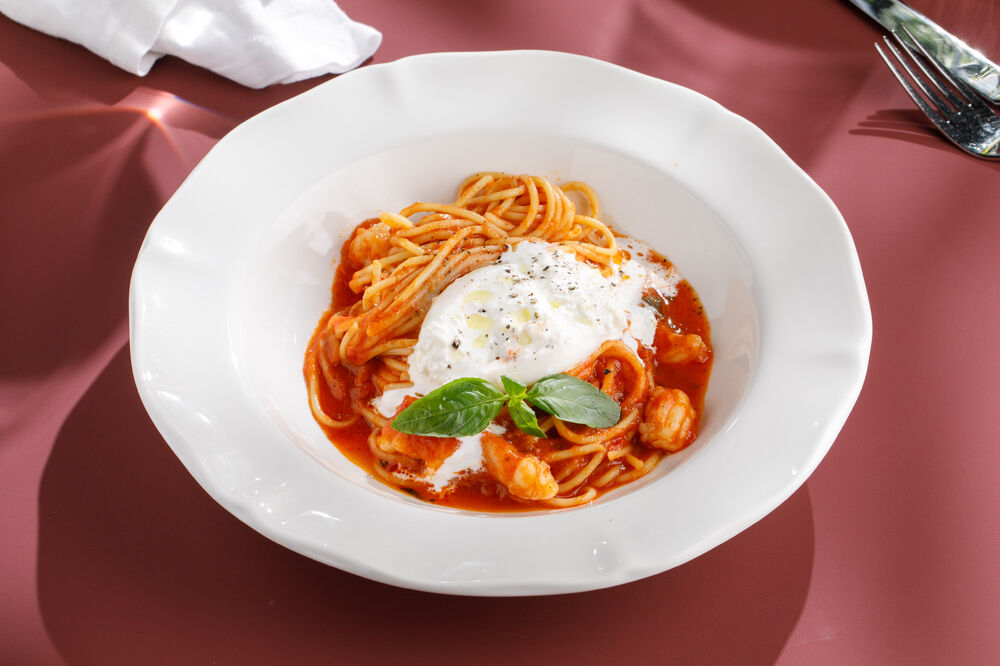 Spaghetti with burrata and shrimp