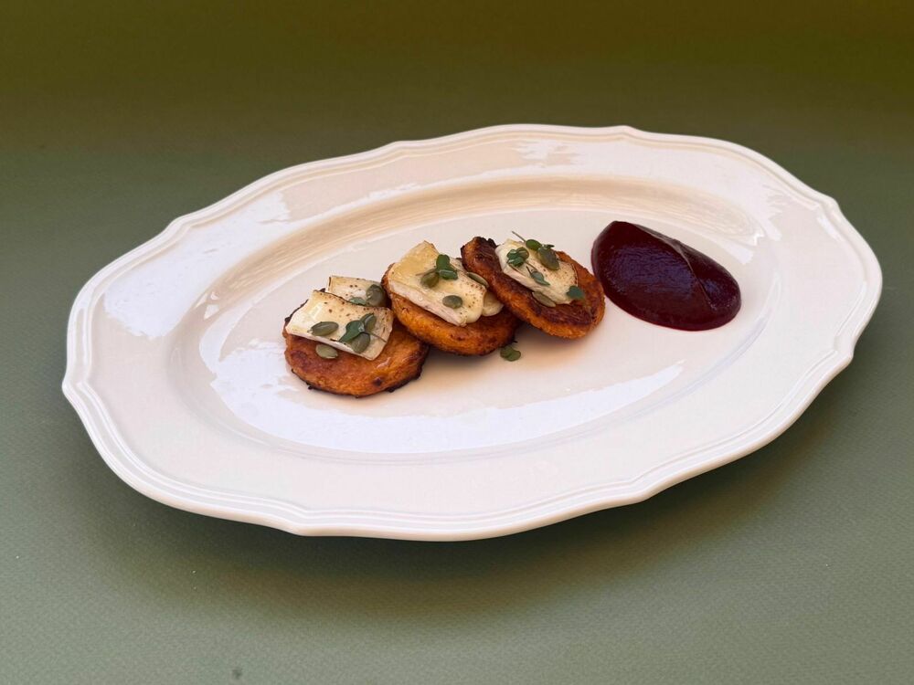 Pumpkin pancakes with baked brie cheese