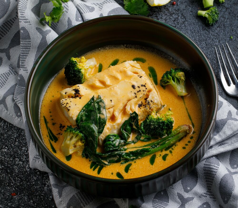 Cod with Bisque and Spinach Sauce