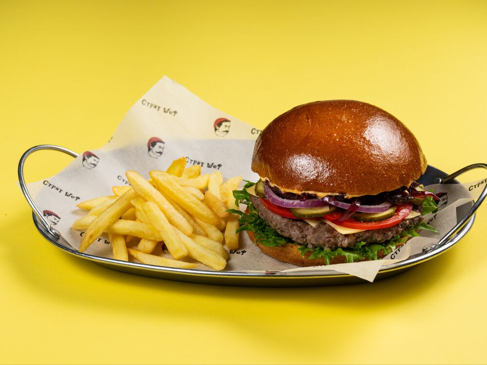 A signature burger with beef.