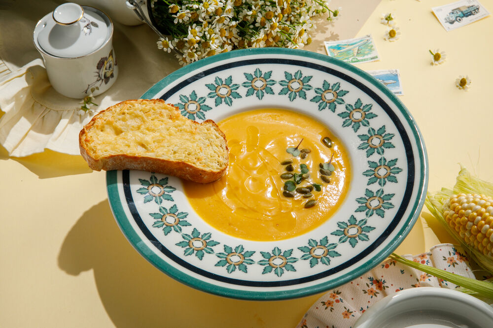Pumpkin cream soup with cheese bruschetta