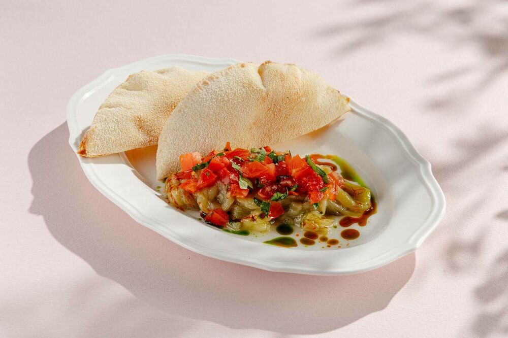 Spicy eggplant with ripe tomato tartare