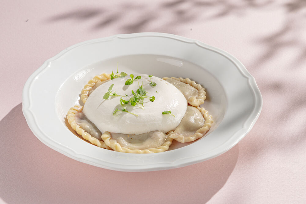 Cherry dumplings with ryazhenka mousse