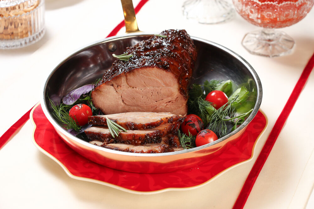 Boiled pork with mustard-honey glaze