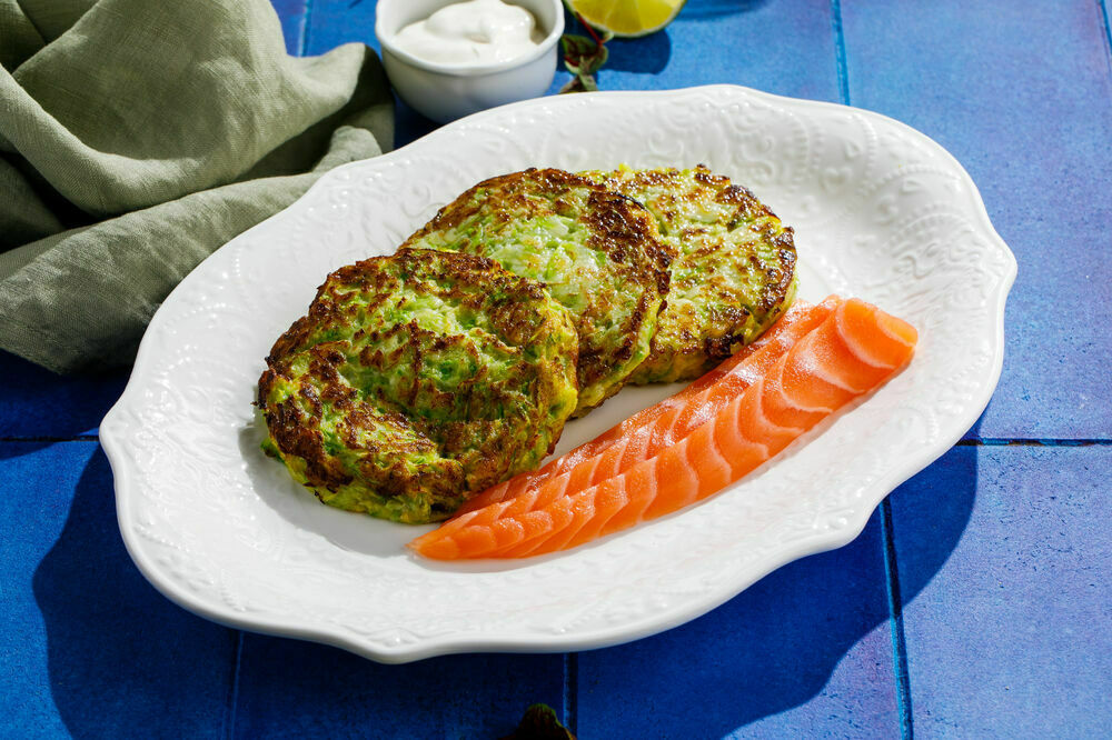  Zucchini and Spinach Fritters with Salmon