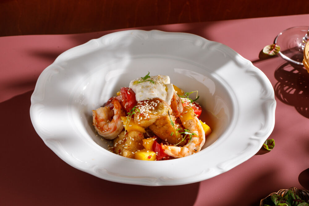 Salad with Crispy Eggplant, Shrimp, and Stracatella