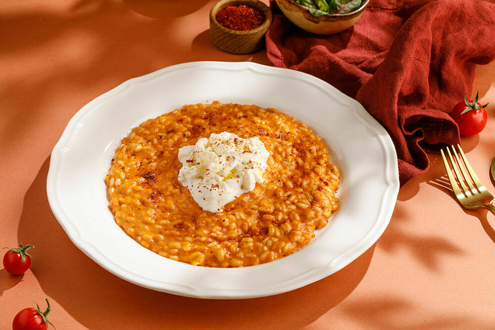 Risotto with sun-dried tomato pesto and stracciatella