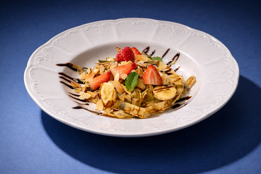 Pancakes with banana, strawberries and chocolate sauce