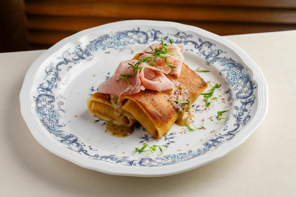Pancakes with Tambov ham and cheese