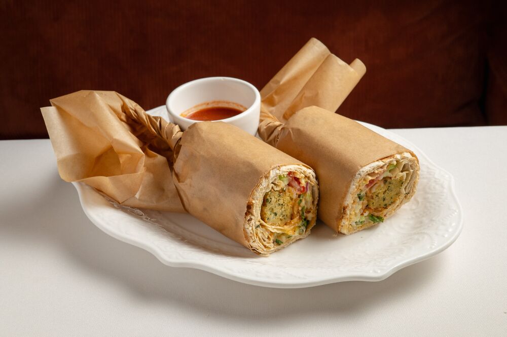 Shawarma with falafel and satsebeli sauce