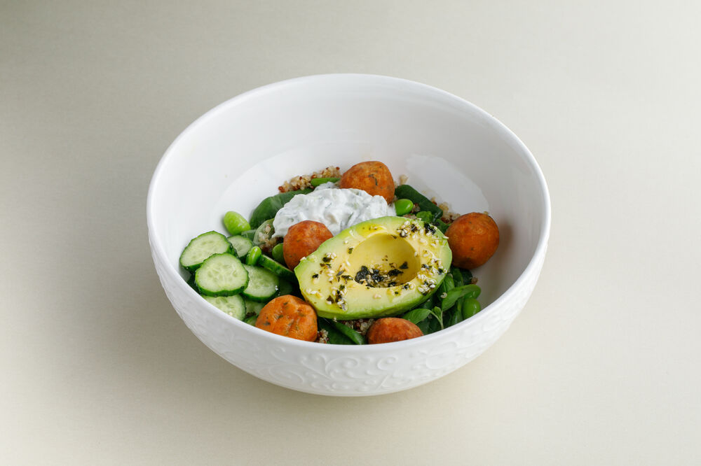 Avocado and sweet potato falafel salad