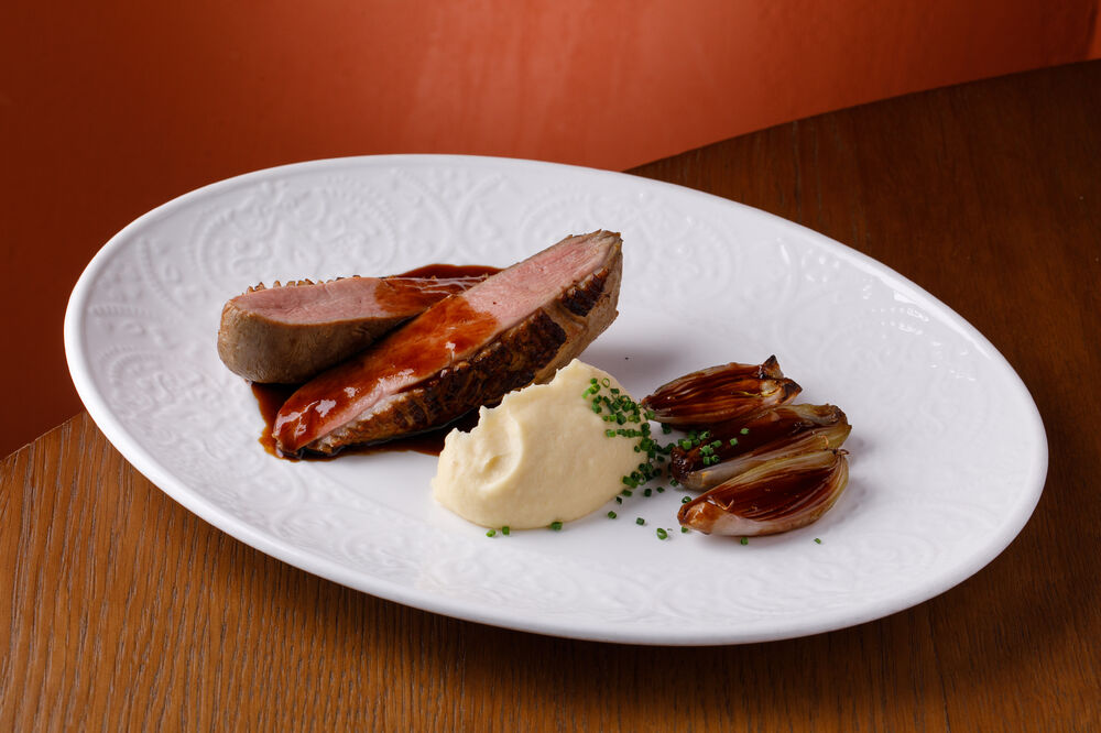 Duck breast with celery root puree and shallots