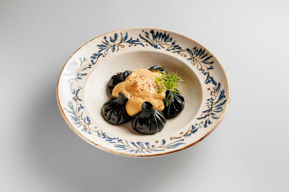 Mini-khinkali with seafood and tom yum mousse