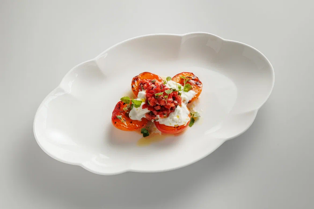 Apricots with stracciatella and strawberry salsa