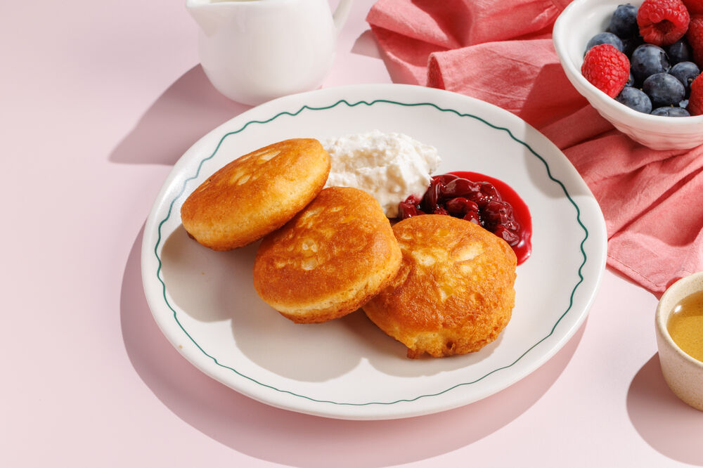 Homemade pancakes with jam and cottage cheese mousse