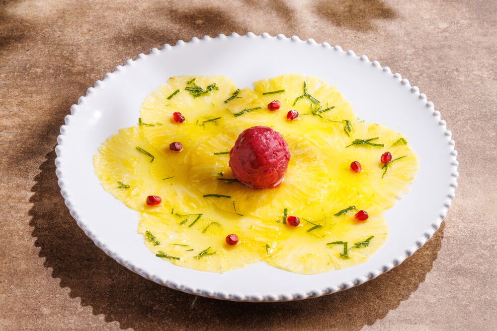 Pineapple carpaccio with sorbet