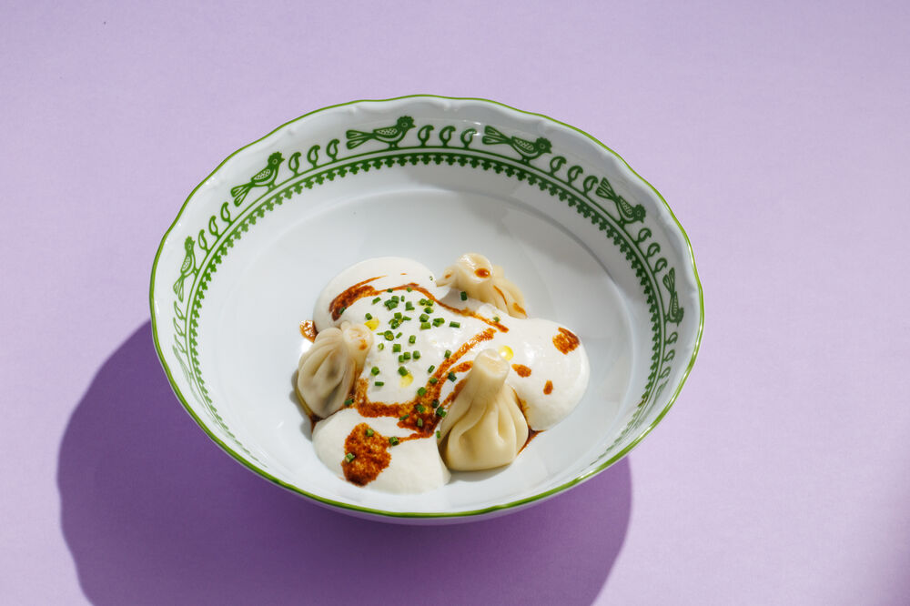 Mini-khinkali with slow-cooked duck and Parmesan mousse