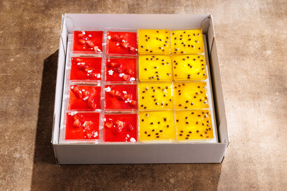 Box Strawberry Sour Cream Cake + Coconut Mousse with Passion Fruit Syrup
