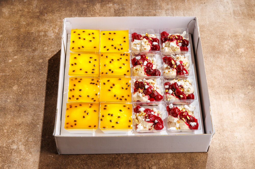 Box Coconut Mousse with Passion Fruit Syrup + Cherry Pavlova