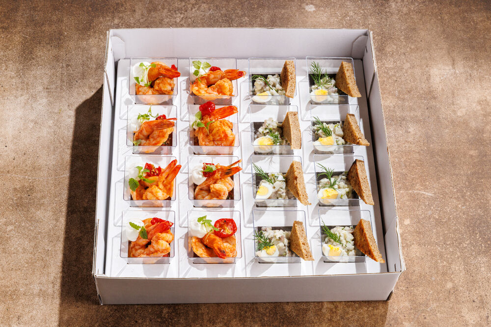 Fried Shrimp with Salsa Box + Herring Forshmak