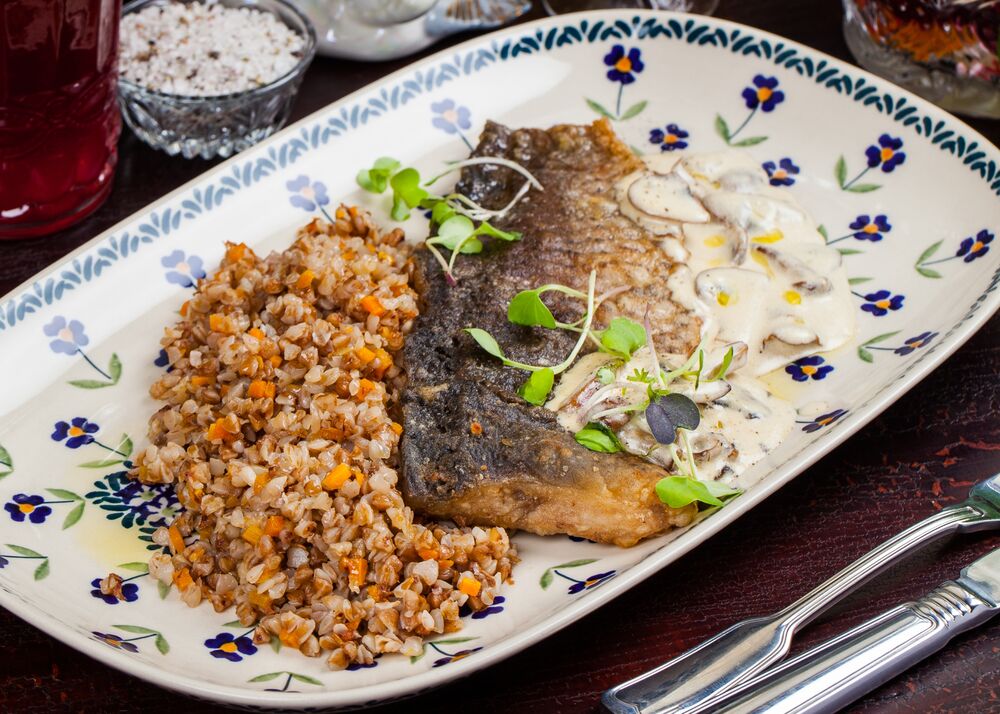 Roasted carp in sour cream and buckwheat