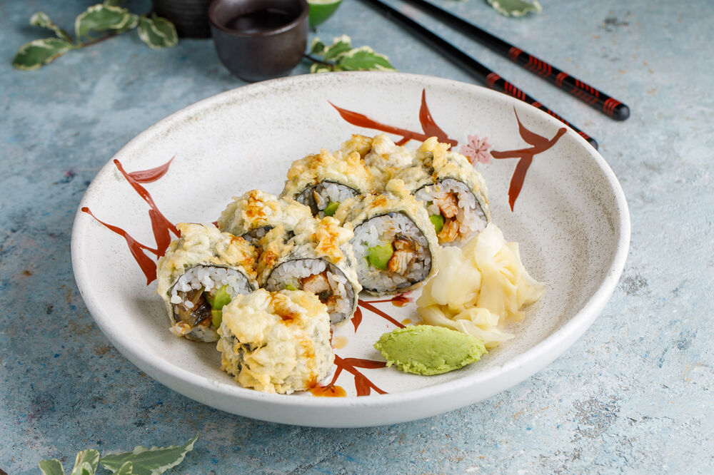 Eel and avocado tempura rolls