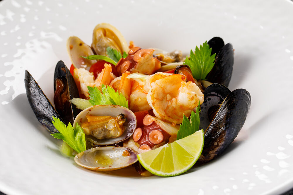 Warm salad with seafood on promotion