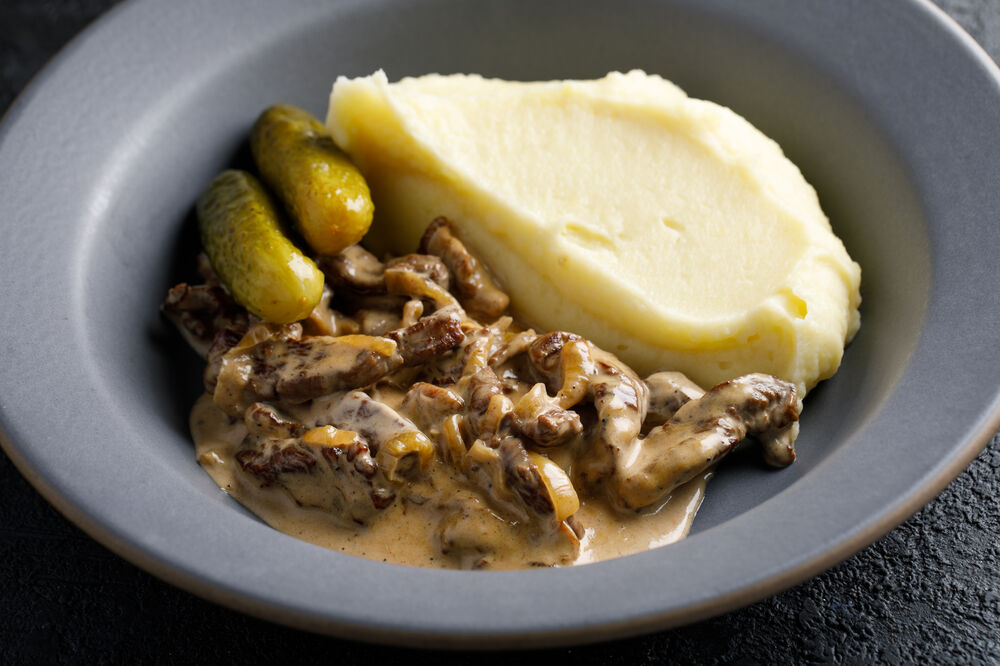 Stroganoff style beef with mashed potatoes on promotion