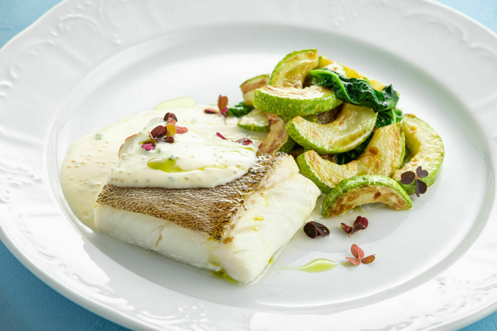 Halibut with zucchini and spinach on promotion