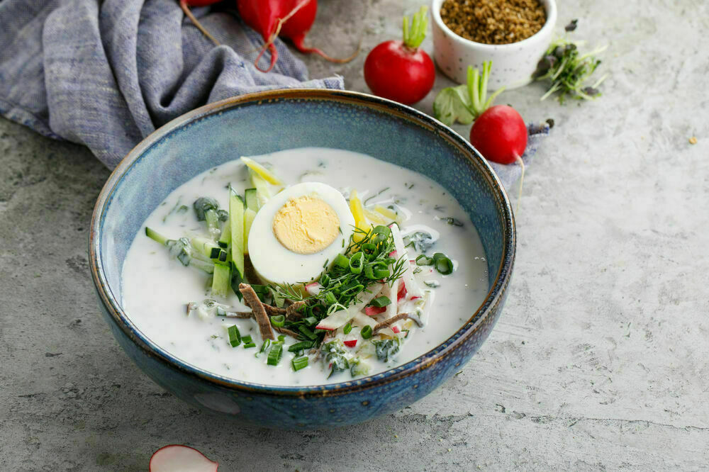 Okroshka on Ayran with veal