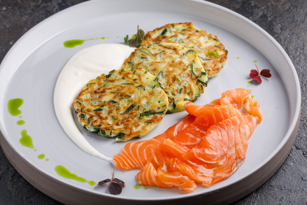 Zucchini pancakes with salmon on promotion